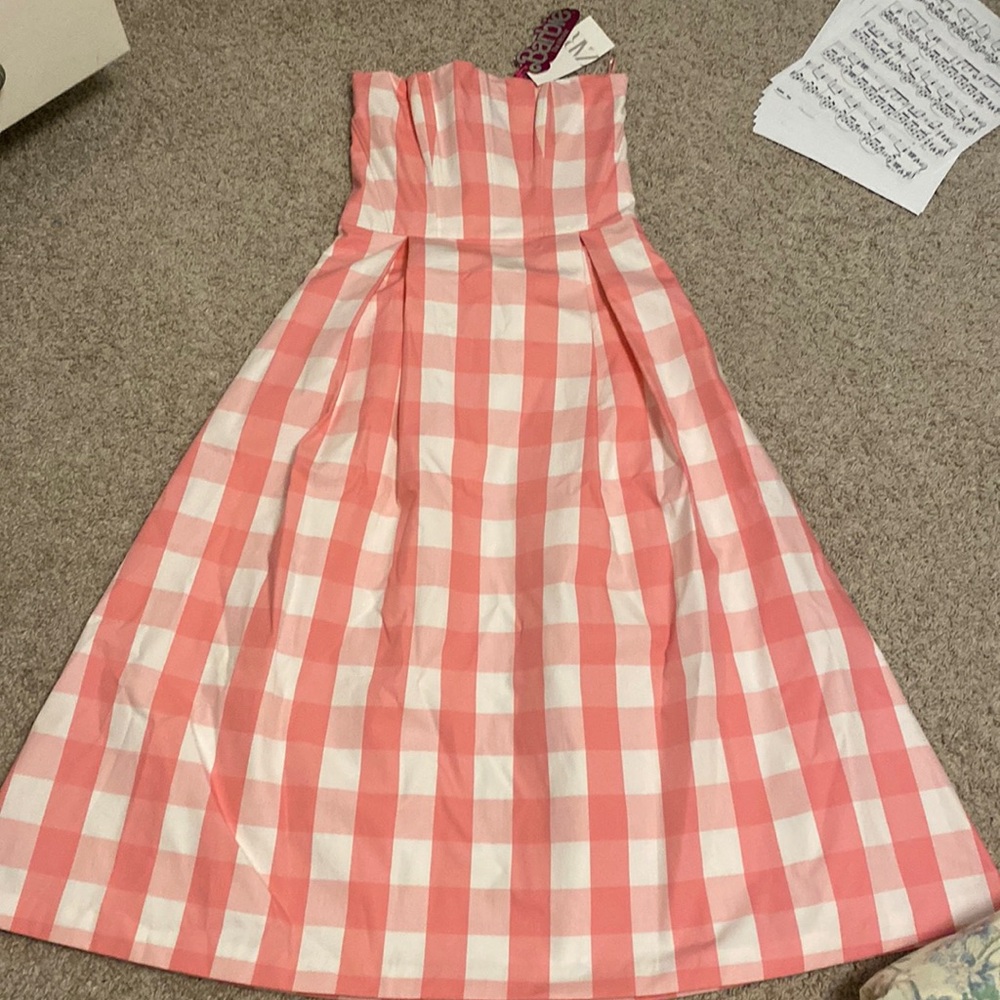 Zara Coral Pink and White Strapless Gingham Midi Dress